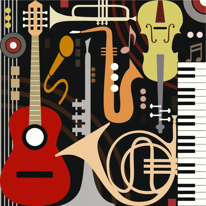 Multiple musical instruments and microphone.